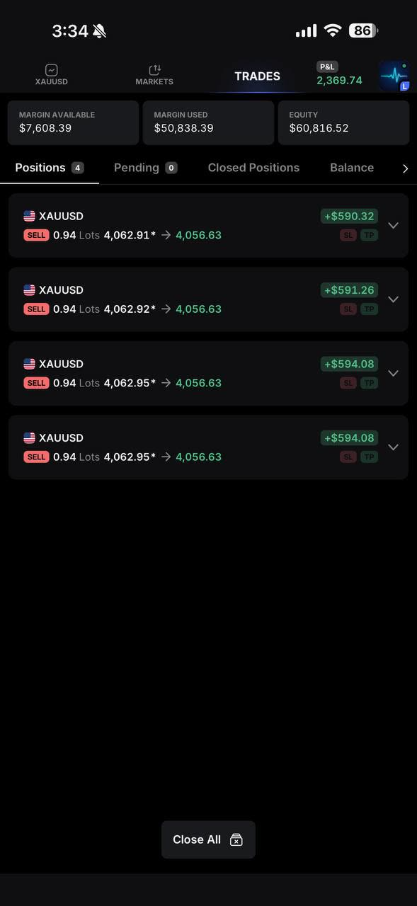 Live positions — +$2,369.74 open P&L