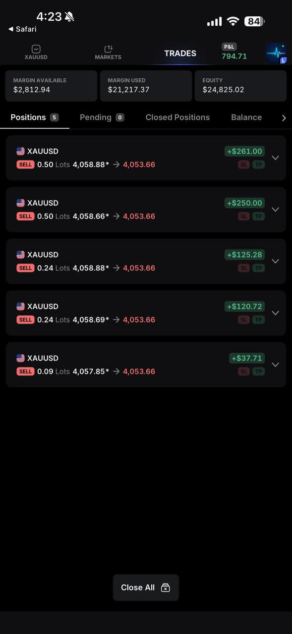 Live positions — +$794.71 open P&L