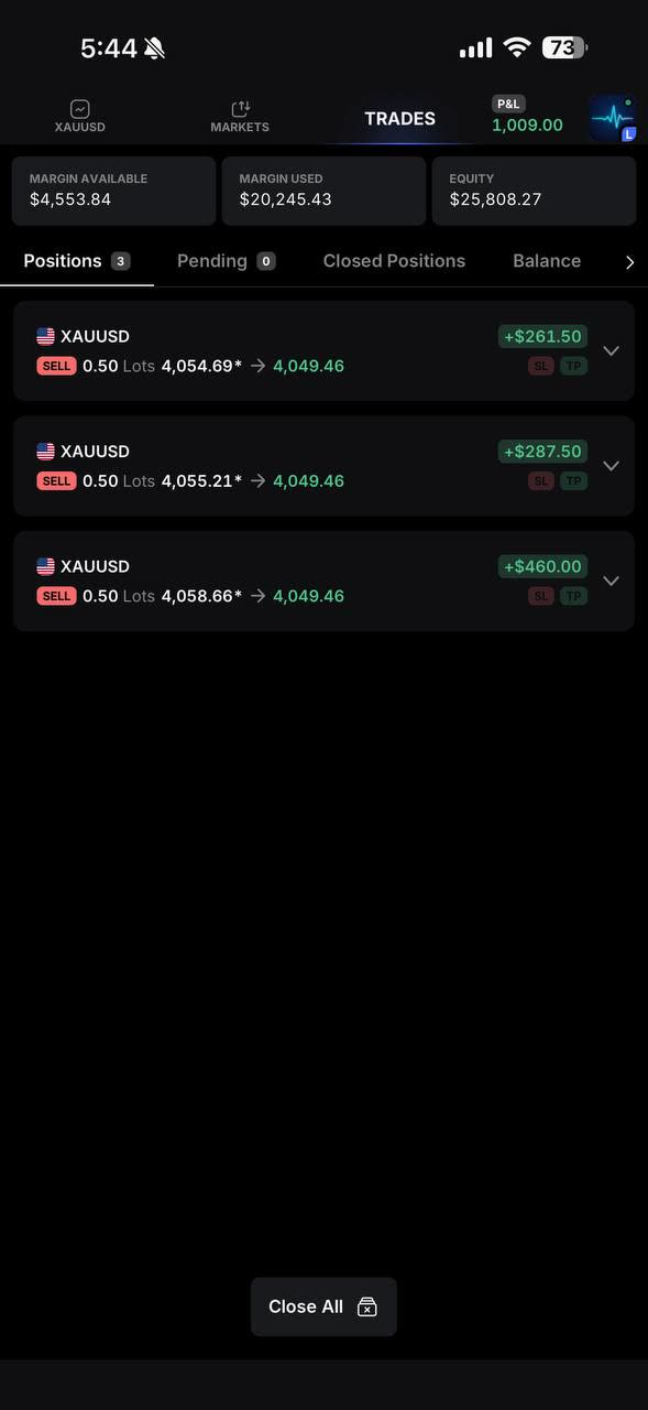 Live positions — +$1,009.00 open P&L